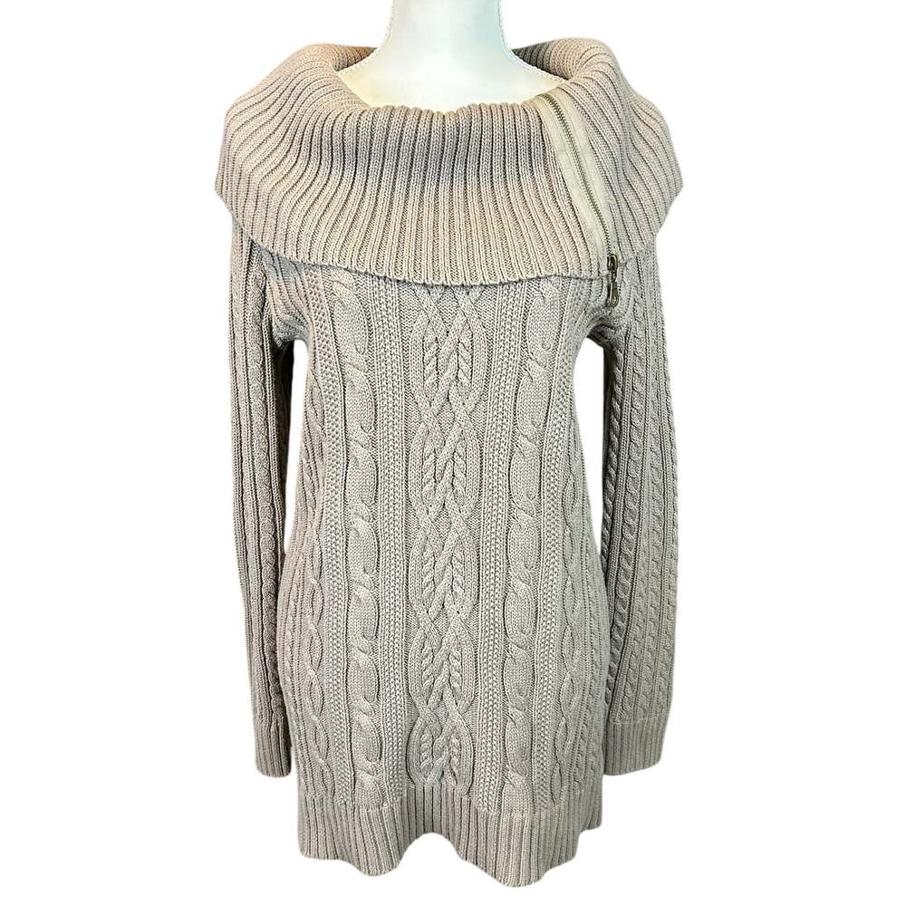 Jeanne Pierre Cotton Sweater Women Sz Small Brown Cable Knit Zip Cowl Neck Tunic